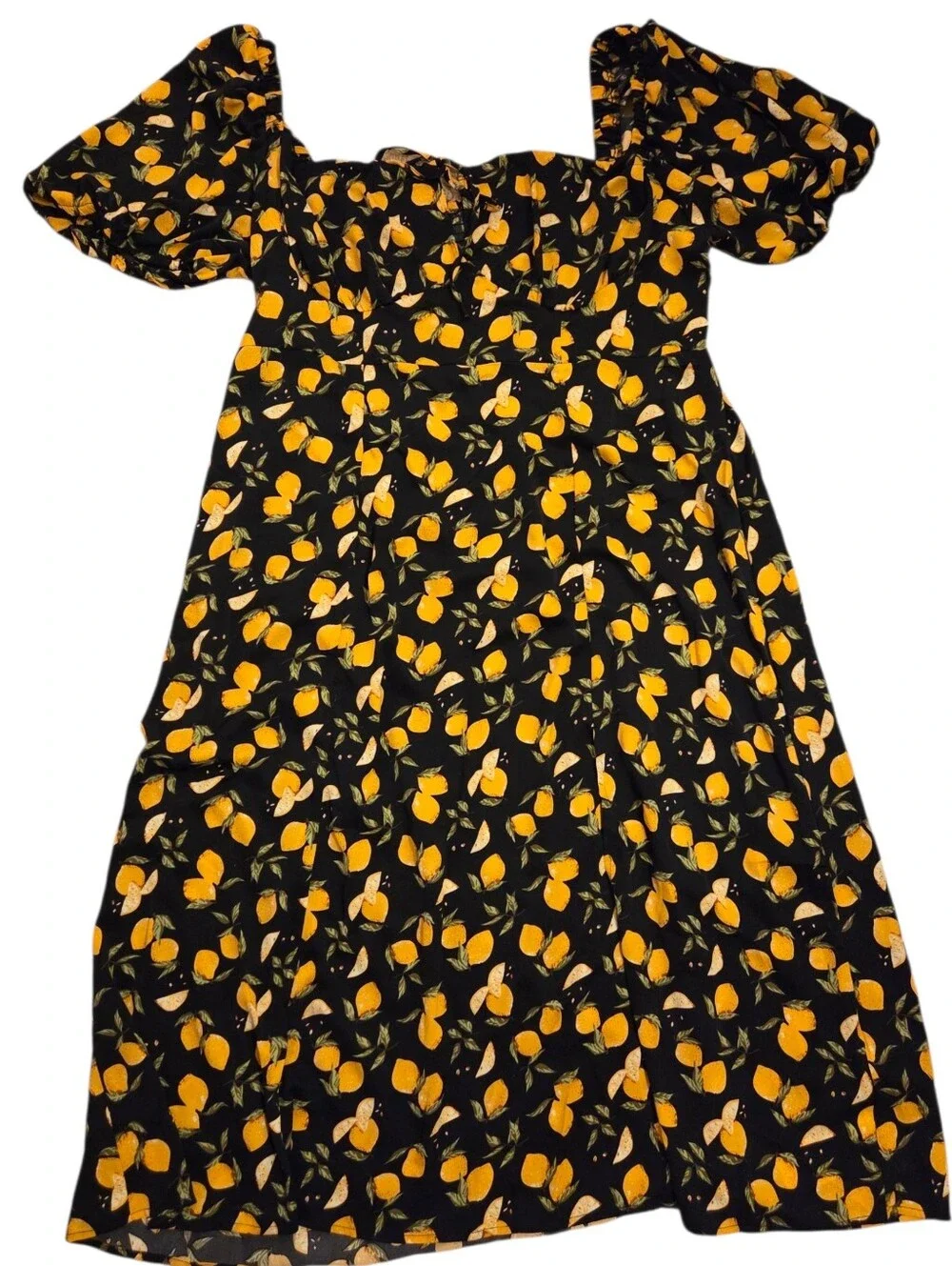 Cider Lemon Print/ Black Midi Dress Puff Sleeves Peasant Fun Plus Size 3X NWT